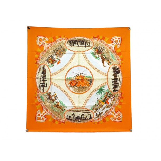 NEUF FOULARD HERMES CAVALIERS PEULS CARRE 90 SOIE ORANGE + BOITE SILK SCARF 495€