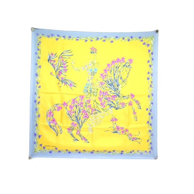 FOULARD HERMES CHEVAL FLEURI CARRE 90 SOIE JAUNE + BOITE SILK SCARF 495€