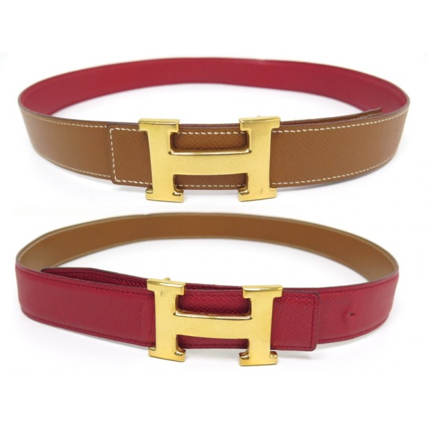 VINTAGE CEINTURE HERMES BOUCLE H REVERSIBLE 32MM T80 CUIR GOLD & ROUGE BELT 715€