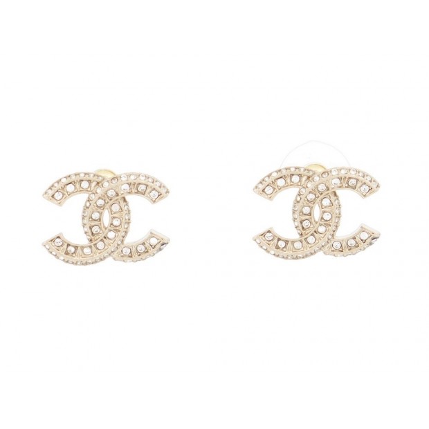 NEUF BOUCLES D'OREILLES CHANEL A86504 LOGO CC & STRASS METAL DORE EARRINGS 650€