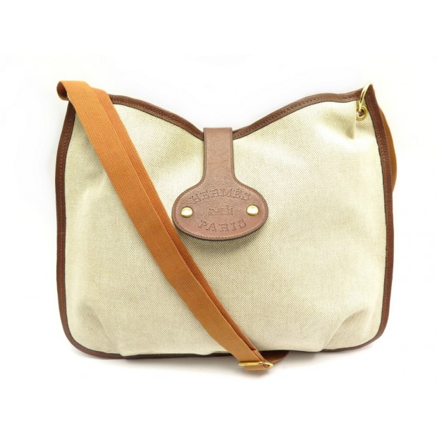 VINTAGE SAC A MAIN HERMES RODEO BANDOULIERE TOILE ET CUIR BEIGE CANVAS HANDBAG