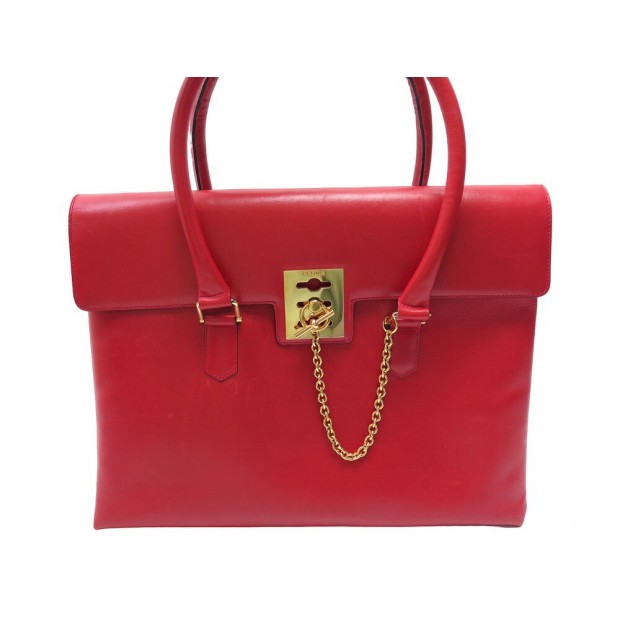 VINTAGE SAC A MAIN CELINE CABAS CARTABLE EN CUIR ROUGE FERMOIR A CHAINE HANDBAG