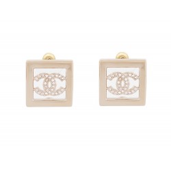 NEUF BOUCLES D'OREILLES CHANEL LOGO CC CARRE STRASS DORE GOLDEN EARRINGS 700€