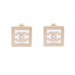 NEUF BOUCLES D'OREILLES CHANEL LOGO CC CARRE STRASS DORE GOLDEN EARRINGS 700€