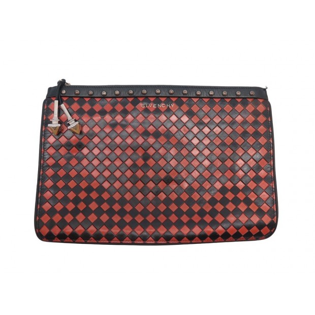 SAC POCHETTE A MAIN GIVENCHY CUIR DAMIER ROUGE ET NOIR POUCH CLUTCH HANDBAG 730€