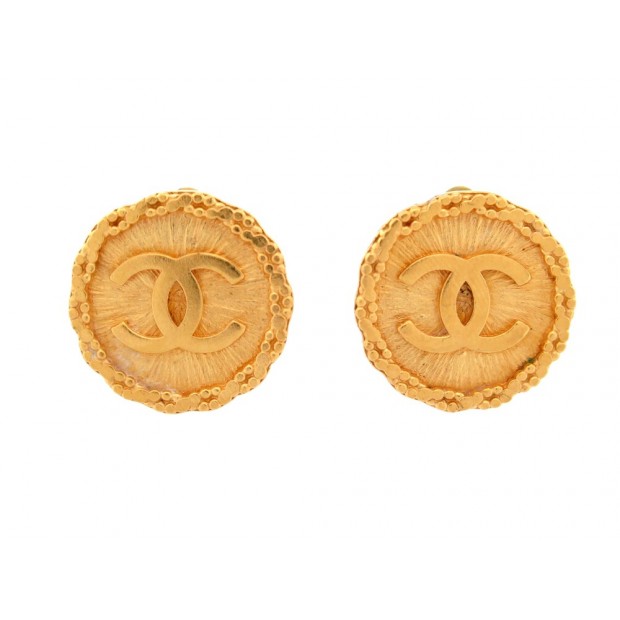 NEUF VINTAGE BOUCLES D'OREILLES CHANEL 1995 LOGO CC RONDES METAL DORE EARRINGS