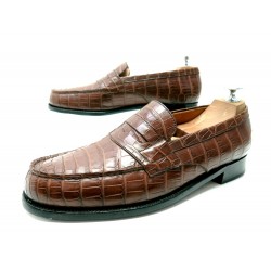 CHAUSSURES JM WESTON MOCASSINS 180 8C 42 FIN CUIR CROCODILE MARRON LOAFERS 4550€