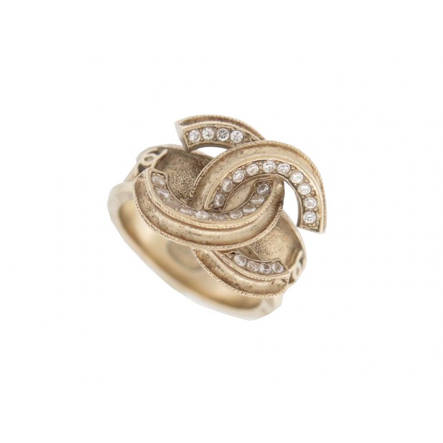 BAGUE CHANEL LOGO CC STRASS TAILLE 53 EN METAL DORE GOLDEN STEEL RING 600€