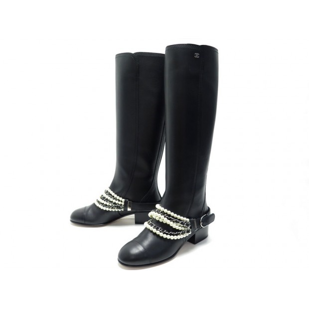 NEUF BOTTES CAVALIERES CHANEL G33933 PERLES & CHAINE 38 EN CUIR NOIR BOOTS 2250€