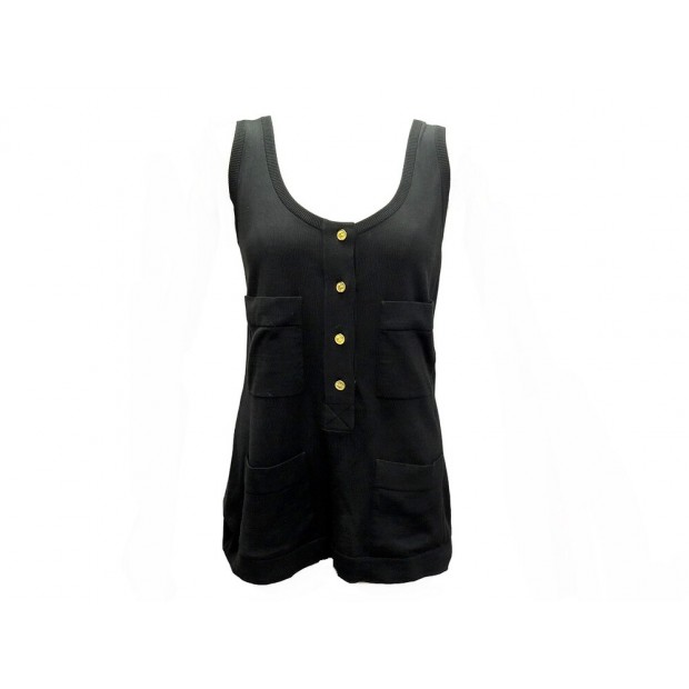 NEUF DEBARDEUR CHANEL SANS MANCHES BOUTON CC L 42 NOIR SLEEVELESS TOP 1800€