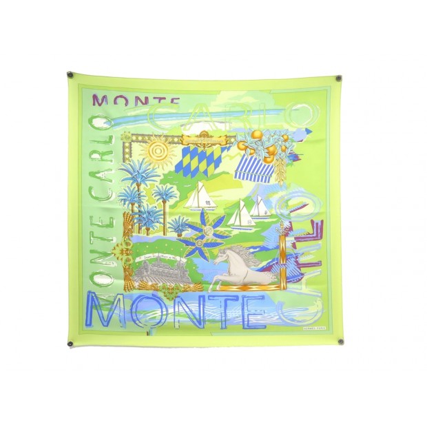 NEUF FOULARD HERMES CASINO MONTE-CARLO METZ CARRE 90 SOIE VERT SILK SCARF RARE