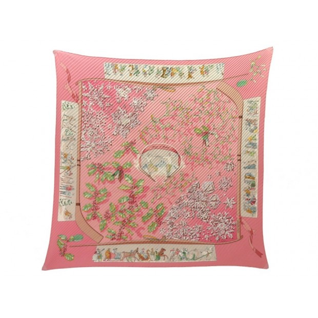 FOULARD HERMES NEIGE D'ANTAN CATHY LATHAM CARRE PLISSE EN SOIE ROSE SCARF 350€