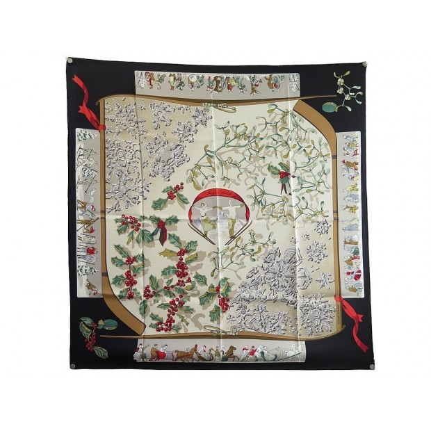 FOULARD HERMES NEIGE D'ANTAN CATHY LATHAM CARRE 90 EN SOIE NOIRE SILK SCARF 495€