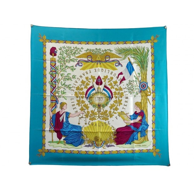 FOULARD HERMES 1789 LIBERTE EGALITE FRATERNITE SOIE TURQUOISE CARRE SCARF 495€