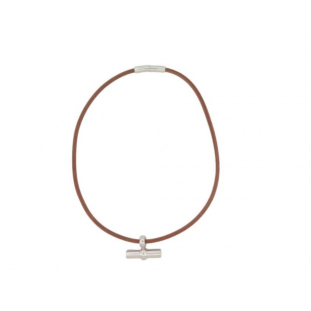 COLLIER HERMES MAMBO EN CUIR MARRON & ACIER PALLADIE 42 CM LEATHER NECKLACE