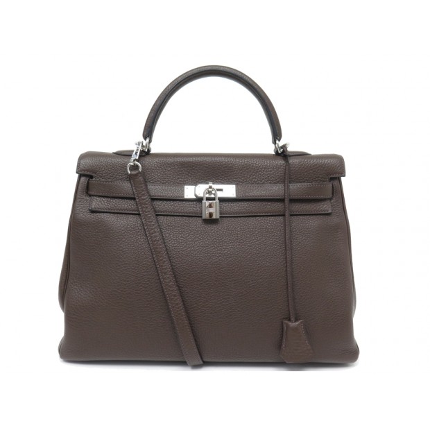 SAC A MAIN HERMES KELLY 35 RETOURNE CUIR TAURILLON CHOCOLAT BANDOULIERE HAND BAG