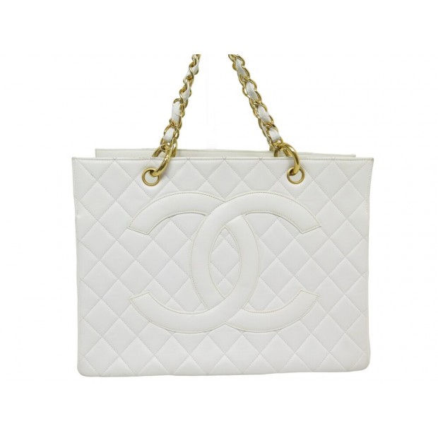 VINTAGE SAC A MAIN CHANEL SHOPPING BAG LOGO CC 34CM CUIR MATELASSE BLANC 6200€