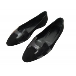 NEUF CHAUSSURES HERMES BALLERINES NICE 1820212 37.5 CUIR DAIM NOIR + BOITE 590€