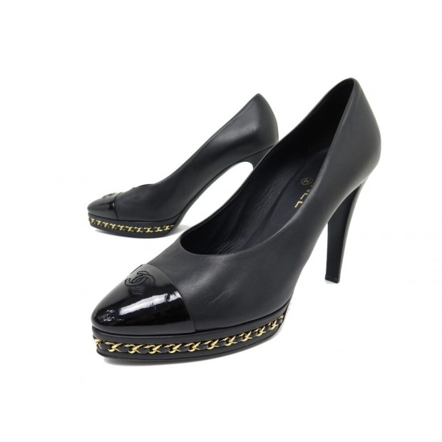 CHAUSSURES CHANEL CHAINE ENTRELACEE G30007 41.5 ESCARPINS CUIR NOIR SHOES 1400€