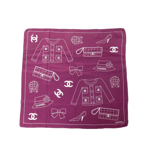 FOULARD CHANEL ICONIC CARRE SAC TIMELESS TAILLEUR SOIE VIOLETTE SILK SCARF 490€