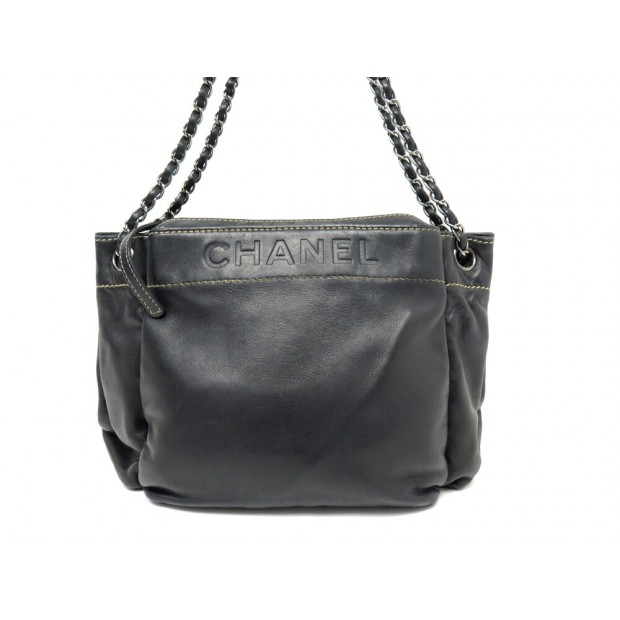 SAC A MAIN CHANEL ACCORDEON LAX SHOPPING LOGO CUIR NOIR BLACK HAND BAG 3650€