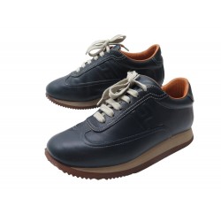 CHAUSSURES HERMES QUICK 38 BASKETS CUIR BLEU MARINE LEATHER SNEAKERS SHOES 670€