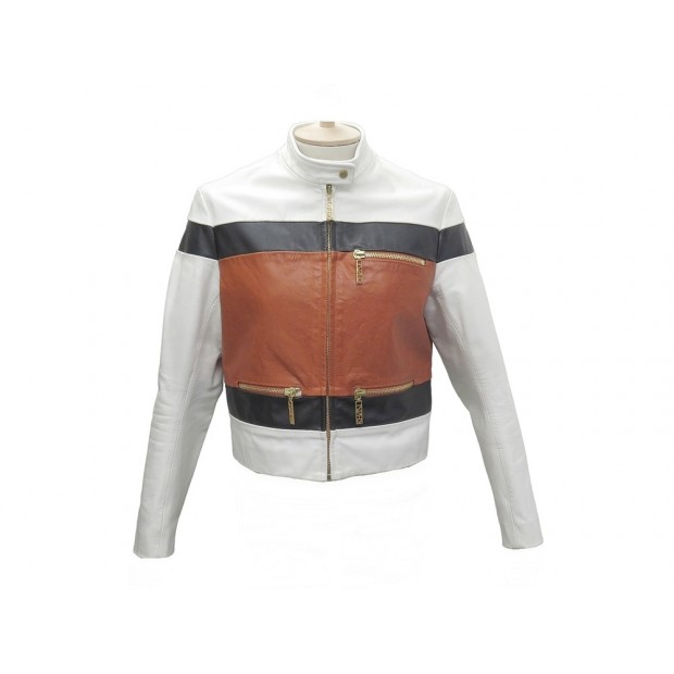 VESTE KENZO BLOUSON DE MOTARD 36 IT 38 FR EN CUIR AUTRUCHE TRICOLORE VEST 1800€