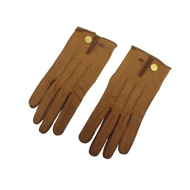 GANTS HERMES CLOU DE SELLE T7 EN CUIR PECARI GOLD CAMEL LEATHER GLOVES 825€