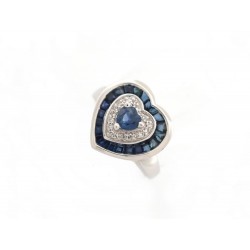 NEUF BAGUE EN OR BLANC COEUR T59 SERTIE SAPHIRS BAGUETTE DIAMANTS SAPHIRRES RING