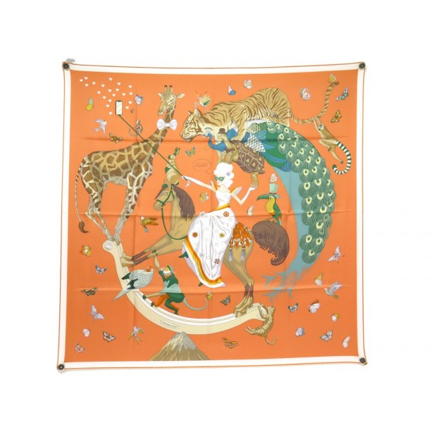 NEUF FOULARD HERMES STORY JONATHAN BURTON ORANGE CARRE 90 SOIE SILK SCARF 495€