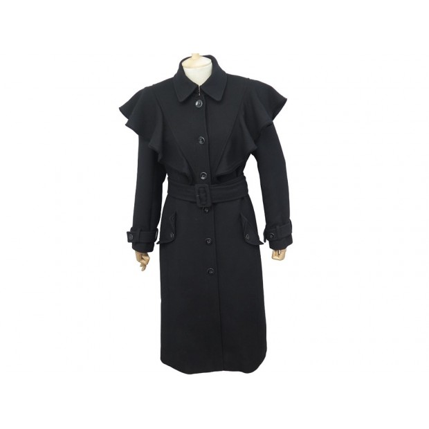 MANTEAU CHLOE LONG A VOLANTS EN LAINE NOIR 36 S CEINTURE WOOL FRILL COAT 2800€