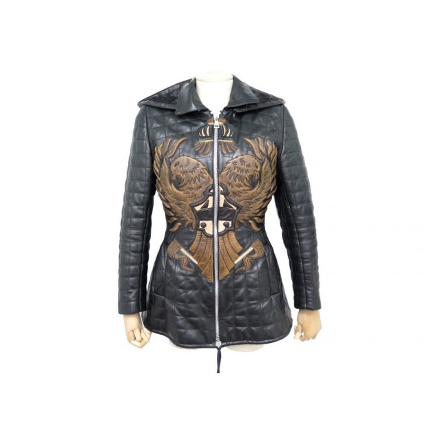 BLOUSON JITROIS 38 EN CUIR NOIR MATELASSE MOTIF EAGLE + CAPUCHE 