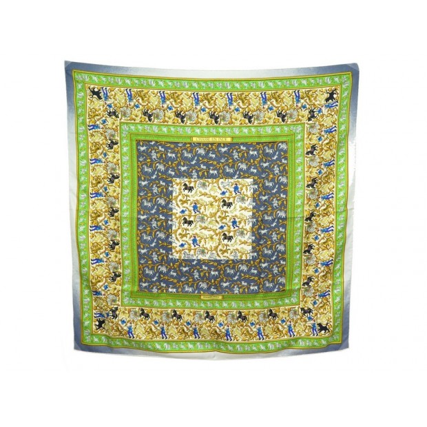 NEUF FOULARD HERMES CHASSE EN INDE DUCHENE CARRE EN SOIE VERT & GRIS SCARF 350€