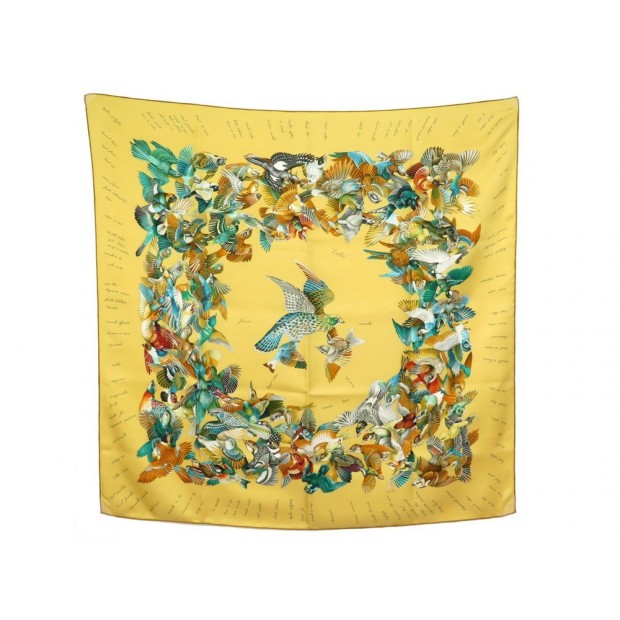 NEUF FOULARD HERMES L'INTRUS DE JACQUELOT CARRE EN SOIE JAUNE OISEAUX SCARF 350€