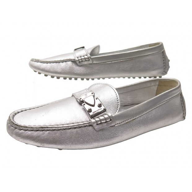 CHAUSSURES LOUIS VUITTON LOMBOK MOCASSINS 37 EN CUIR ARGENTE LOAFERS SHOES 640€