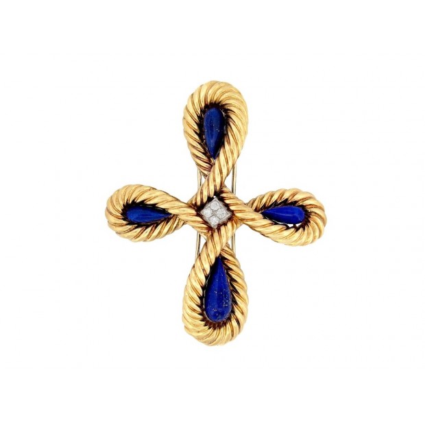 BROCHE VAN CLEEF & ARPELS PENDENTIF CROIX CABOCHON LAPIS LAZULI DIAMANTS BROOCH