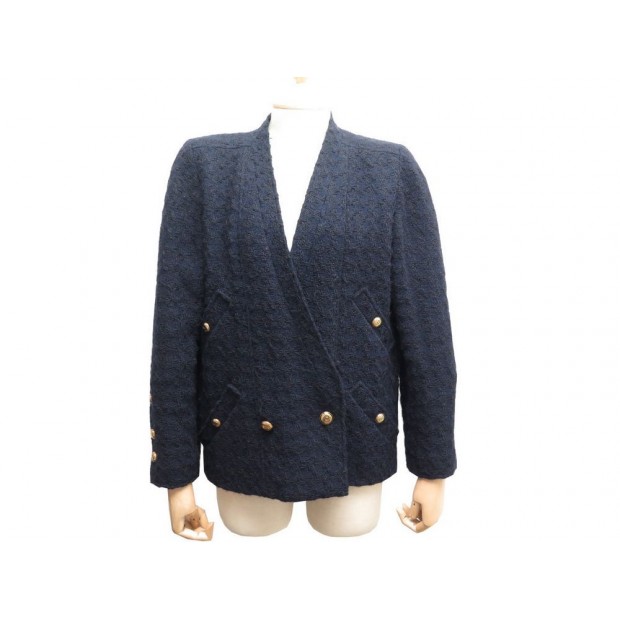 VESTE CHANEL CROISEE M 40 EN TWEED BLEU GILET BOUTONS DORES LOGO CC JACKET 4500€