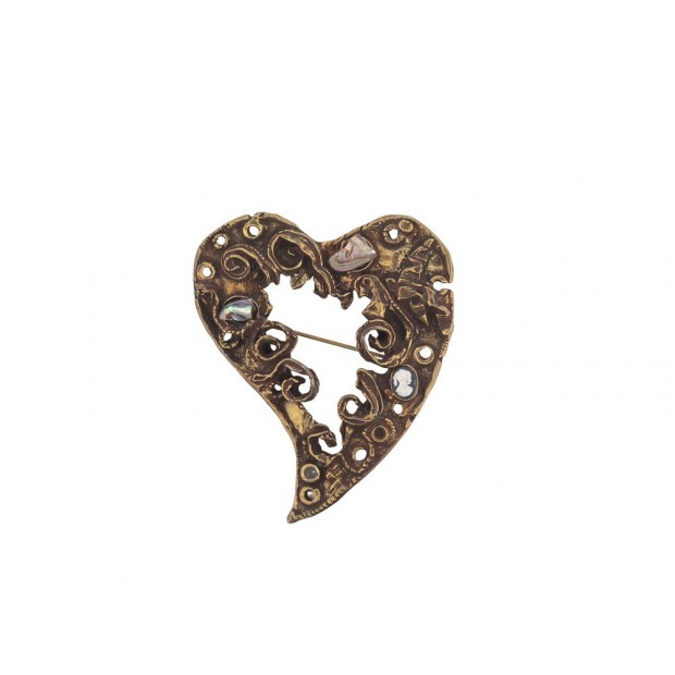 VINTAGE BROCHE CHRISTIAN LACROIX COEUR NOEL 1994 METAL DORE EFFET VIEILLI BROOCH