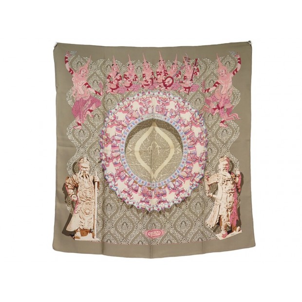 FOULARD HERMES SIAM VLADIMIR RYBALTCHENKO CARRE 90 EN SOIE BEIGE SILK SCARF 460€