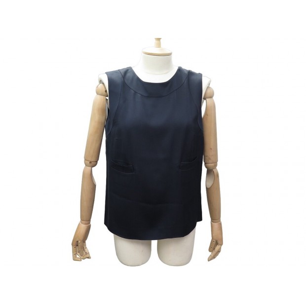 NEUF TOP CHANEL SANS MANCHE P38741V22259 42 L SOIE BLEU MARINE SILK SHIRT 2500€