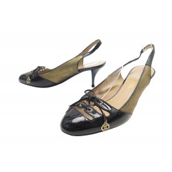 CHAUSSURES CHANEL ESCARPINS SLINGBACK 39.5 CUIR BICOLORE NOIR DORE + BOITE 1030€