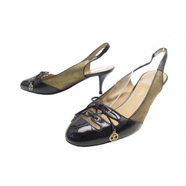 CHAUSSURES CHANEL ESCARPINS SLINGBACK 39.5 CUIR BICOLORE NOIR DORE + BOITE 1030€