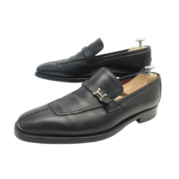 CHAUSSURES HERMES MOCASSINS LOGO H 40.5 EN CUIR NOIR BLACK LOAFERS SHOES 850€