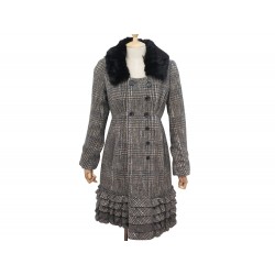 MANTEAU LOUIS VUITTON MOTIF TARTAN & COL FOURRURE VISON S 36 40 TWEED COAT 3900€