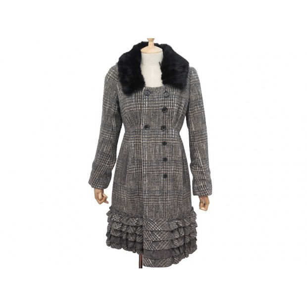 MANTEAU LOUIS VUITTON MOTIF TARTAN & COL FOURRURE VISON S 36 40 TWEED COAT 3900€