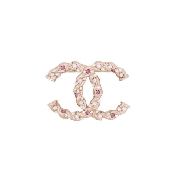 NEUF BROCHE CHANEL LOGO CC PERLES ET STRASS METAL DORE GOLD STEEL BROOCH 650€