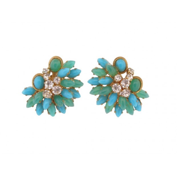 VINTAGE BOUCLES D'OREILLES CHRISTIAN DIOR 1966 STRASS PIERRES TURQUOISE EARRINGS