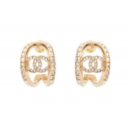 NEUF BOUCLES D'OREILLES CHANEL LOGO CC ET STRASS METAL DORE NEW EARRINGS 850€