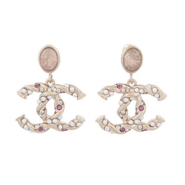 NEUF BOUCLES D'OREILLES CHANEL ABB511 PENDANTES LOGO CC & STRASS EARRINGS 710€