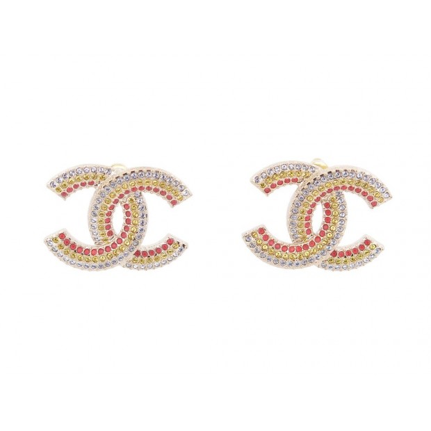 NEUF BOUCLES D'OREILLES CHANEL LOGO CC STRASS MULTICOLORES METAL EARRINGS 750€